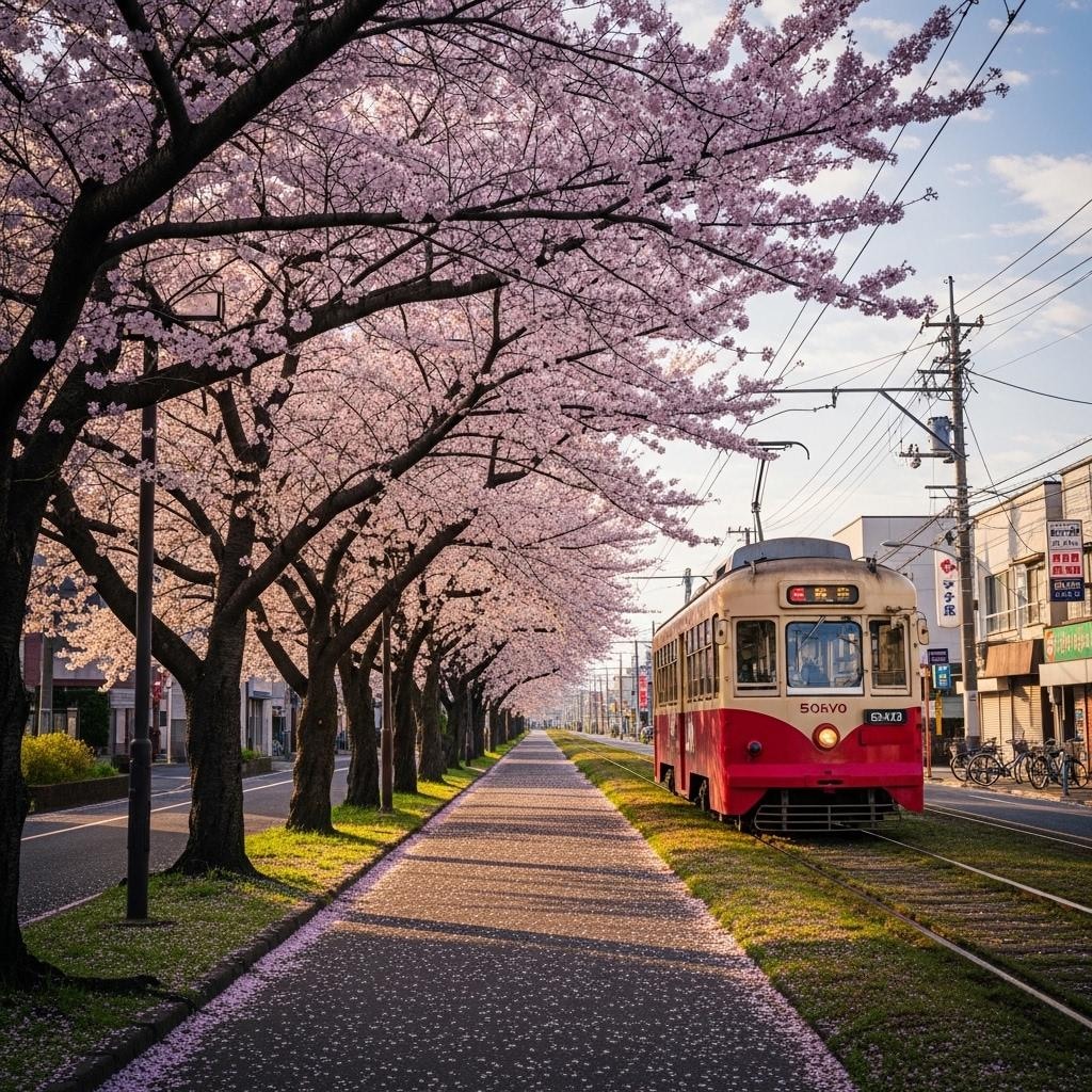 桜と路面電車