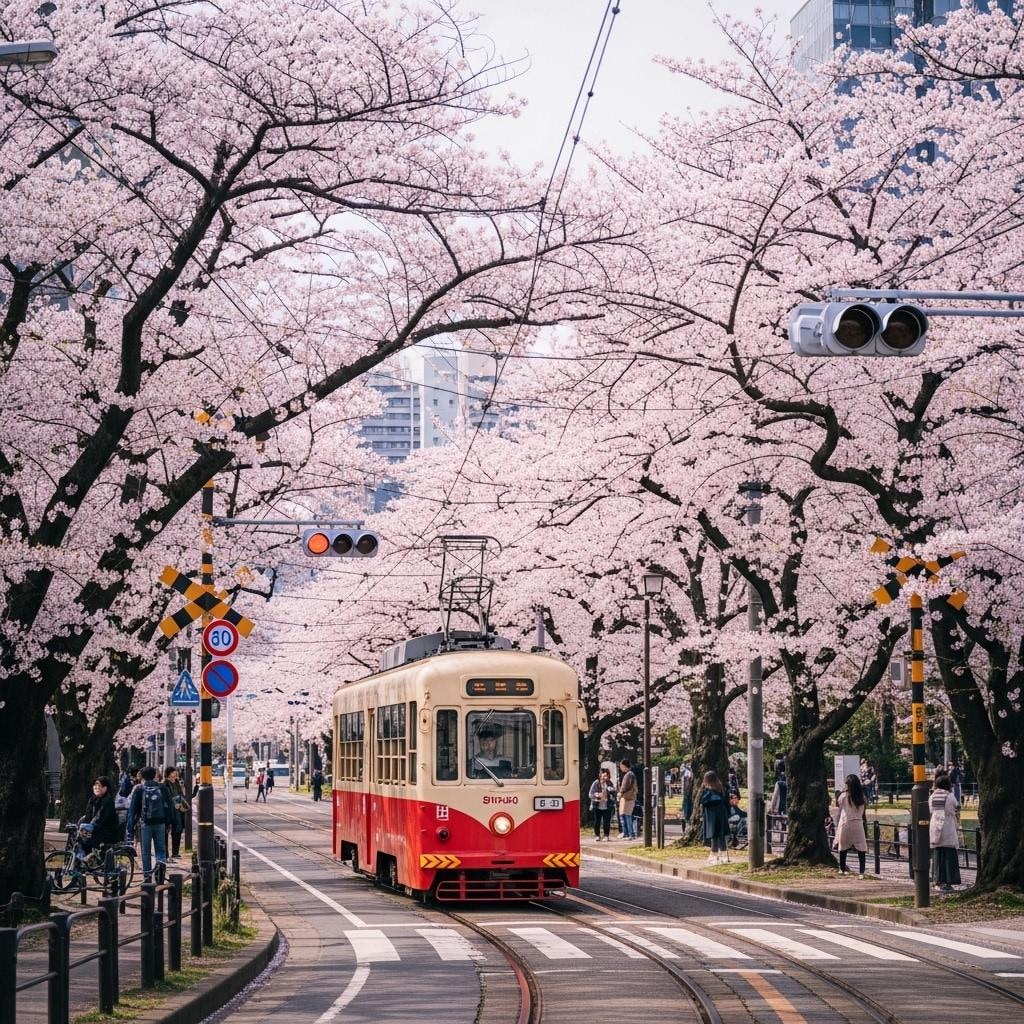 桜と路面電車