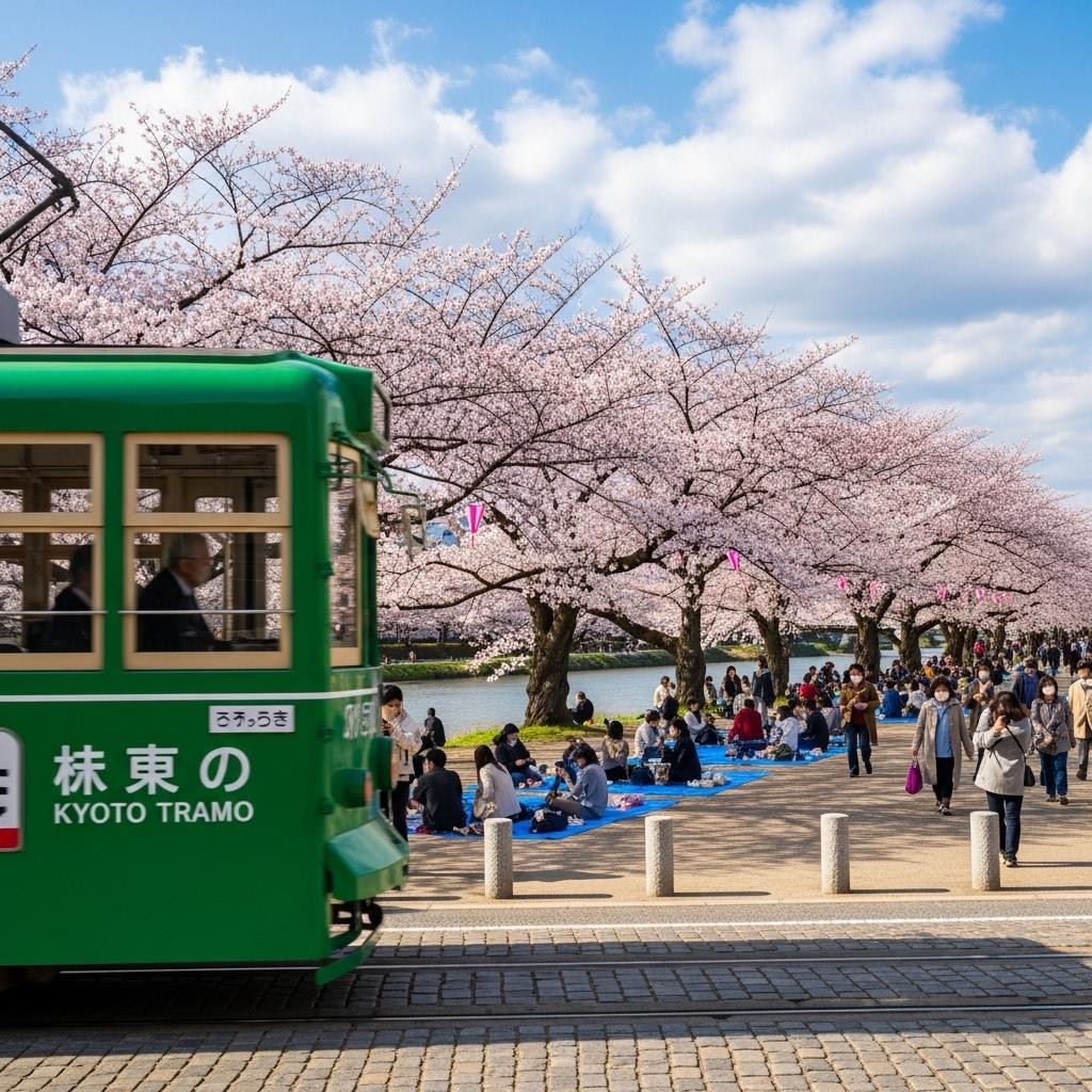 桜と路面電車
