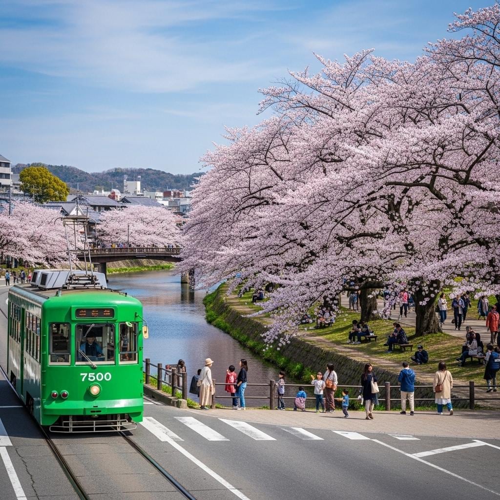 桜と路面電車