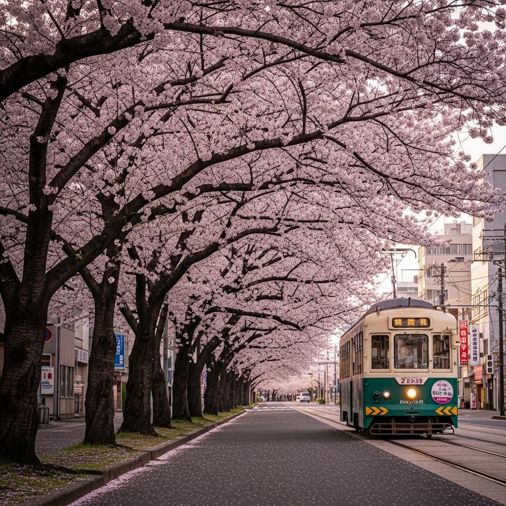 桜と路面電車