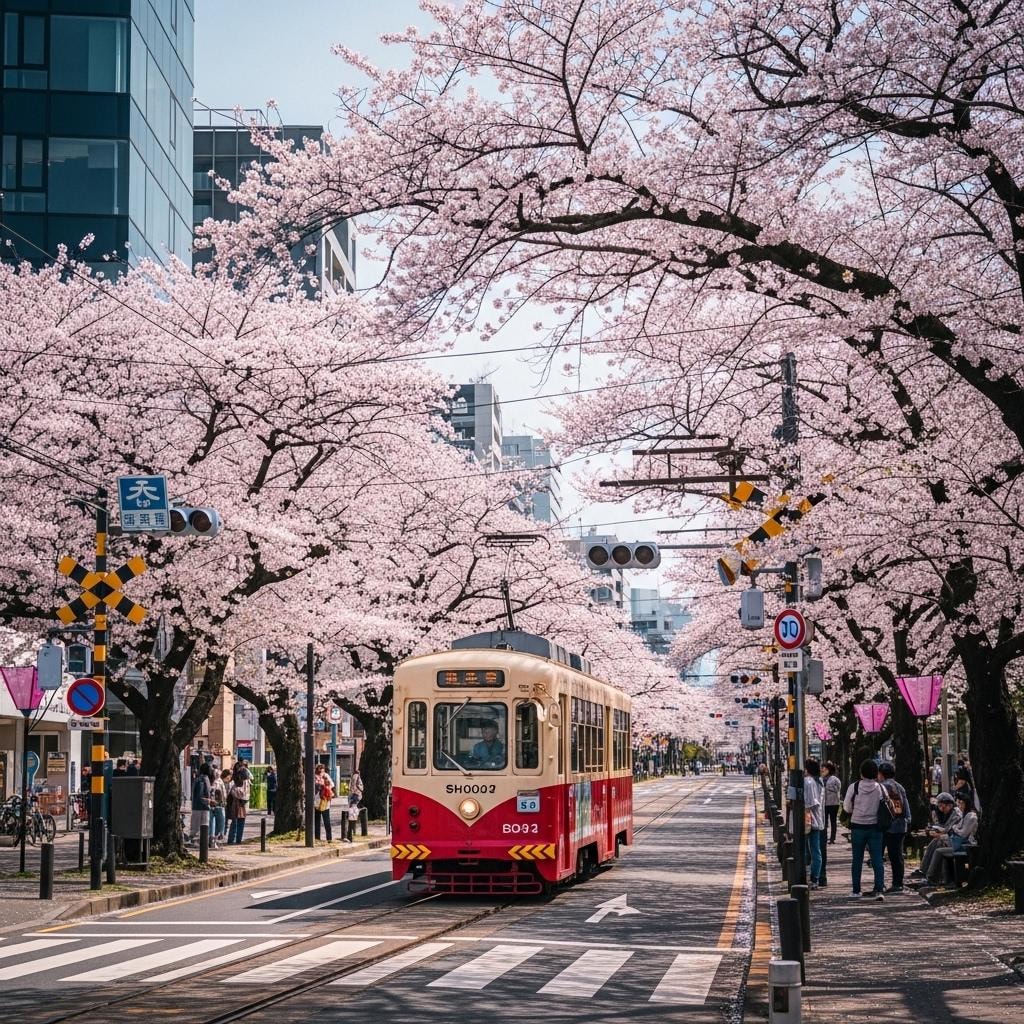 桜と路面電車
