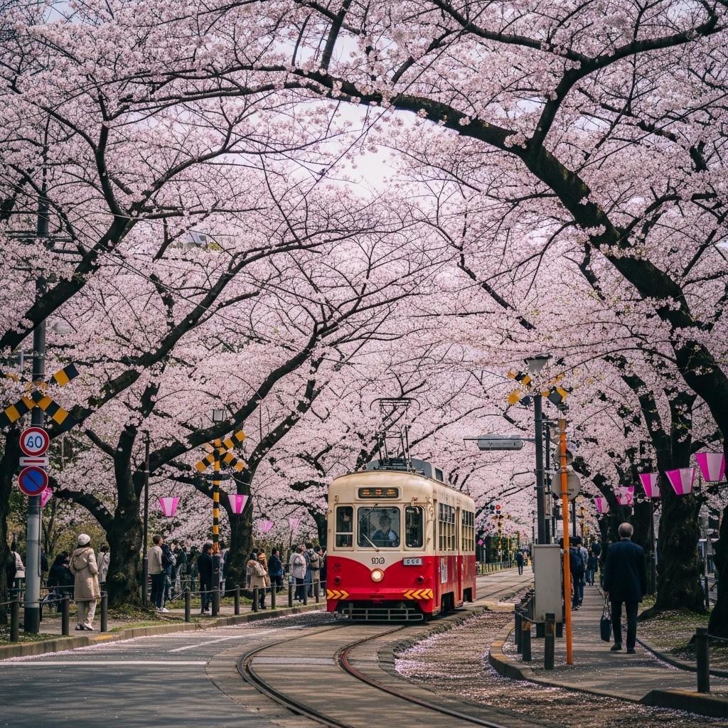 桜と路面電車