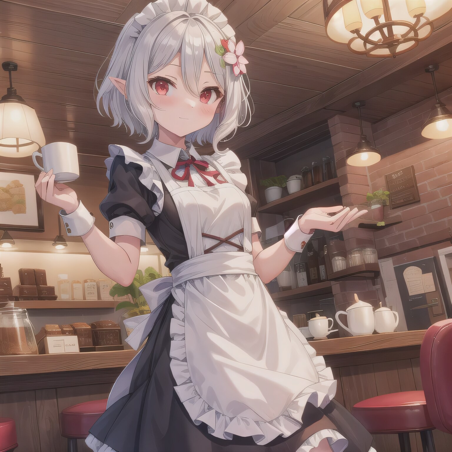 白髪ボブでカフェの少女３ | の人気AIイラスト・グラビア