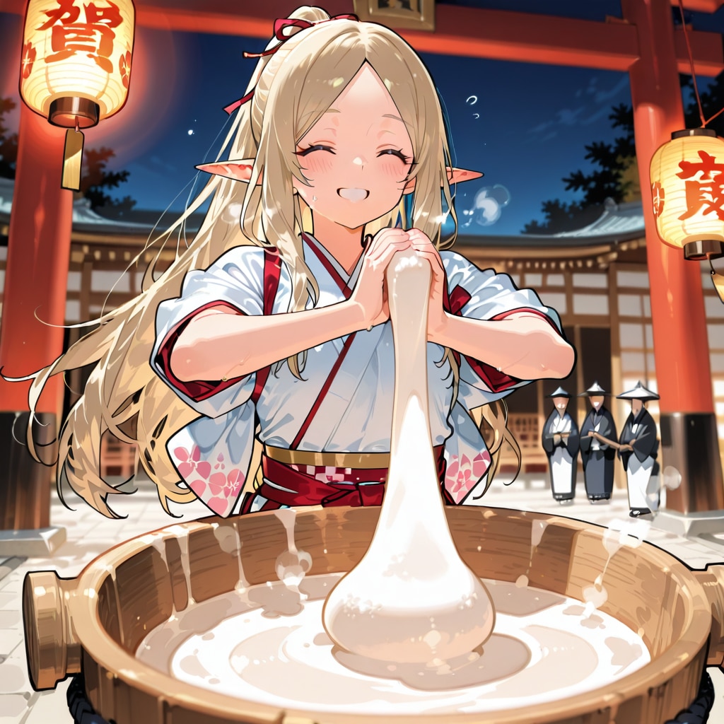 餅つき？をしているエルフの女の子 | の人気AIイラスト・グラビア