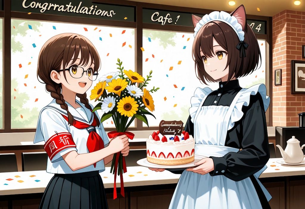 委員長さんをお祝いする喫茶店で働く猫娘さんファンアートコラボレーション