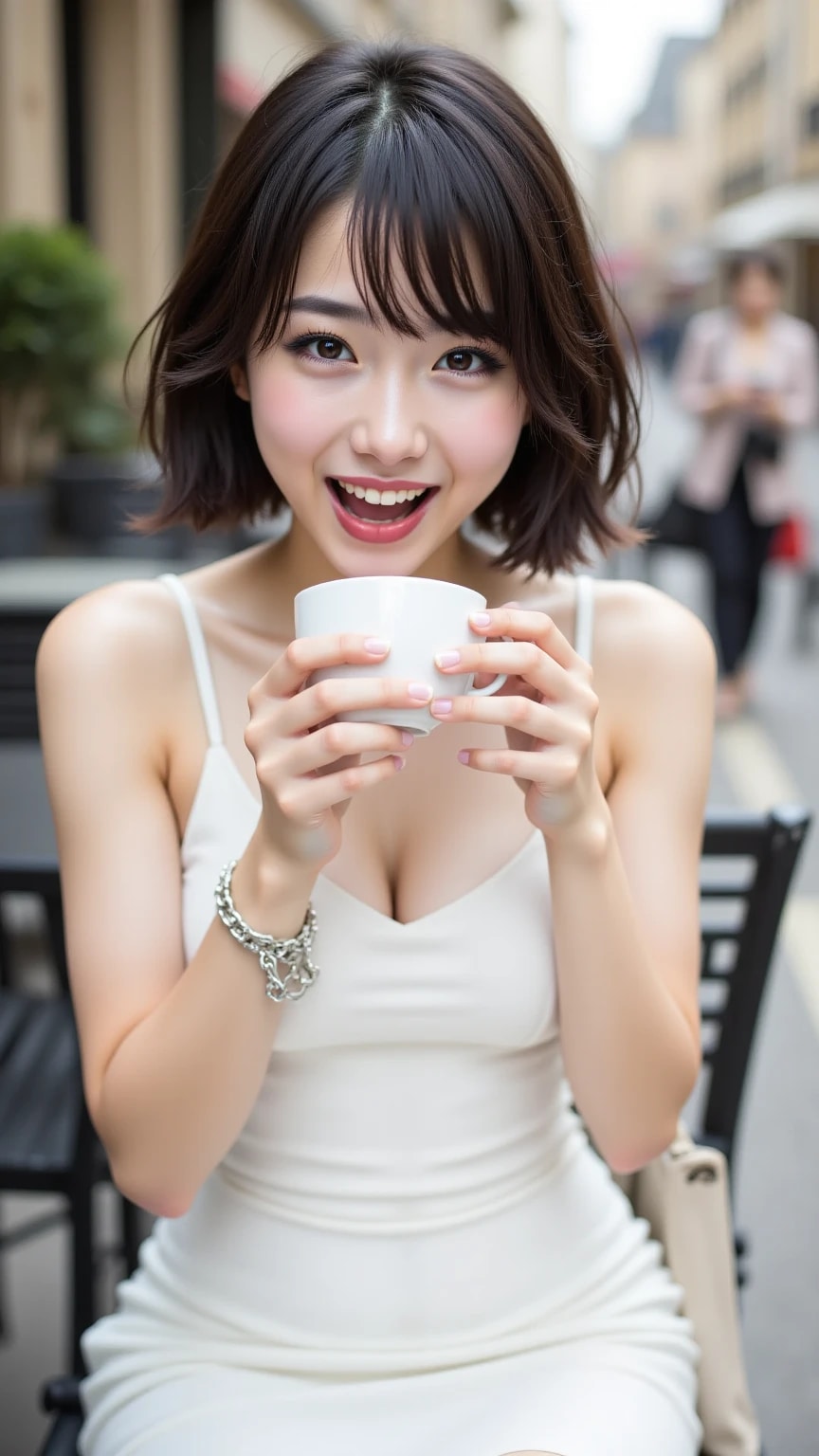 カフェとビーチの素敵な彼女