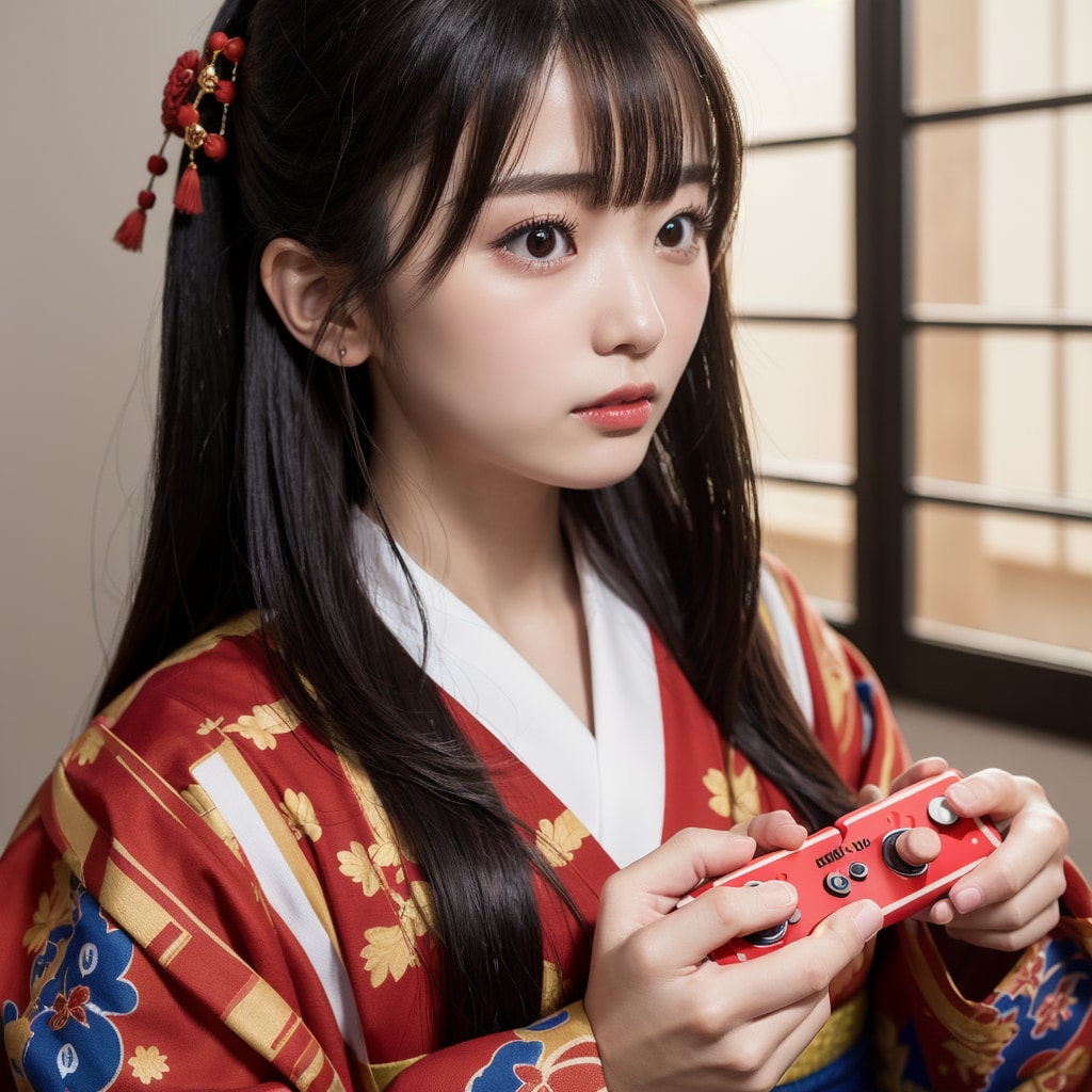 ゲームに夢中な着物美少女