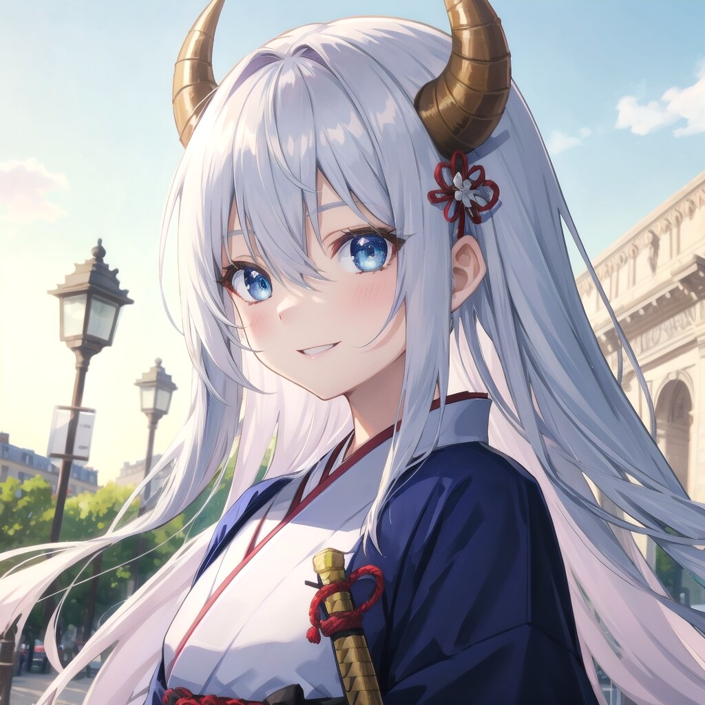 鬼娘、凱旋門を背に