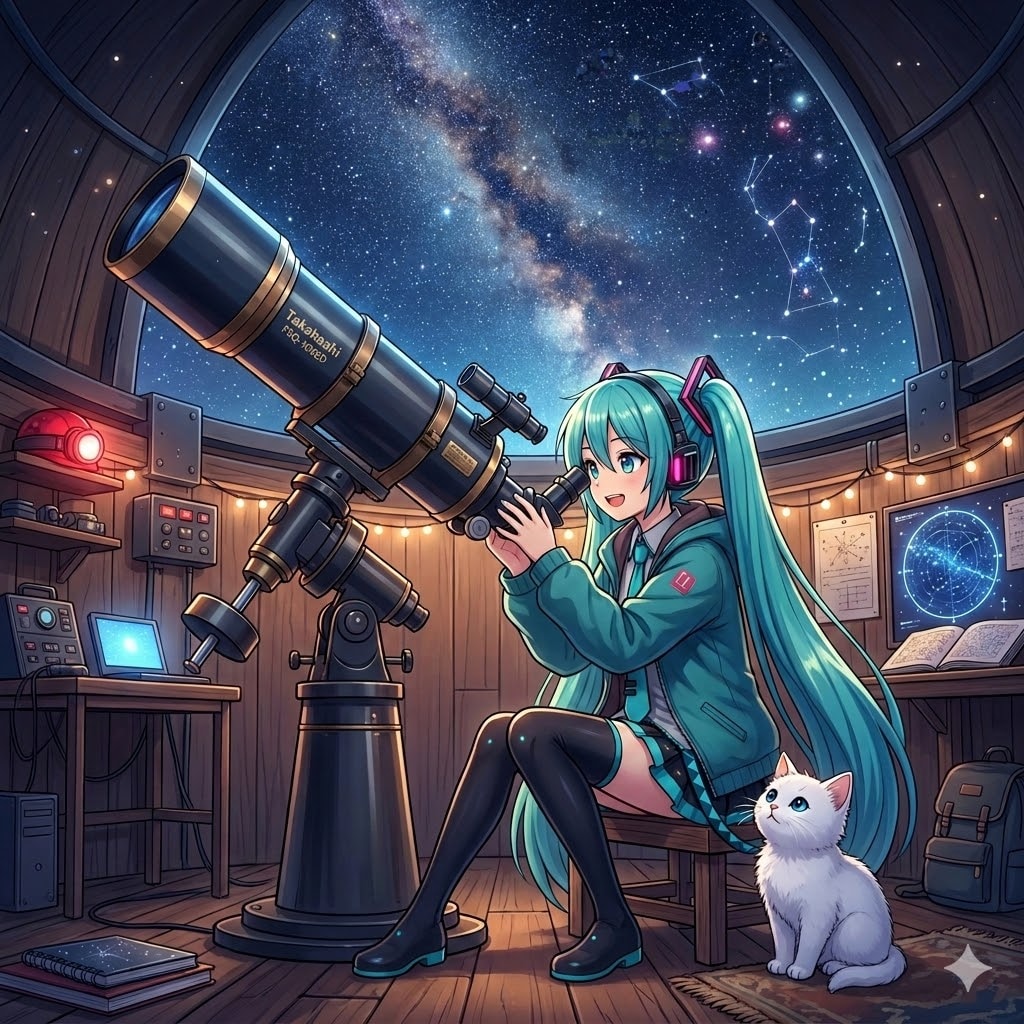 天体観測しているミクさんと子猫