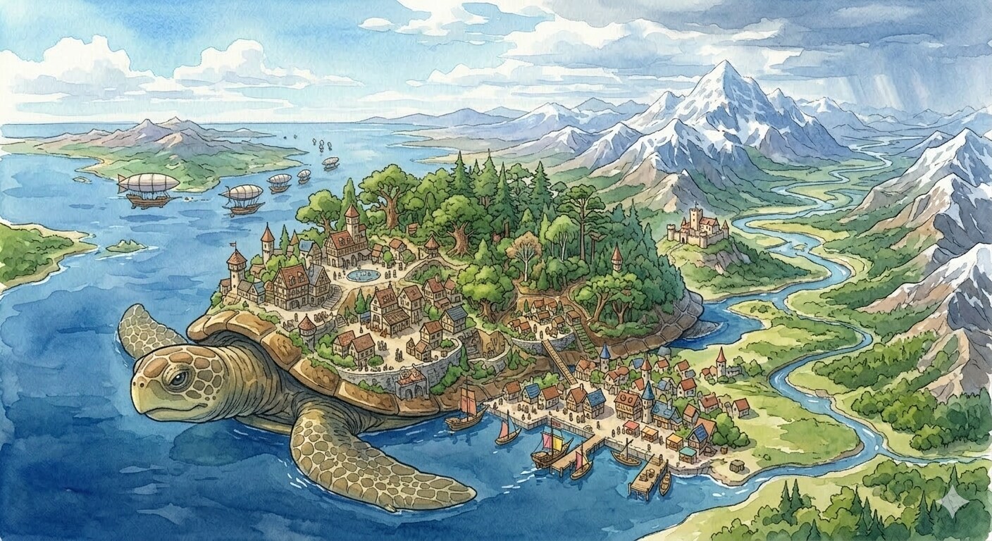 巨大な亀の上に住む人達 | の人気AIイラスト・グラビア