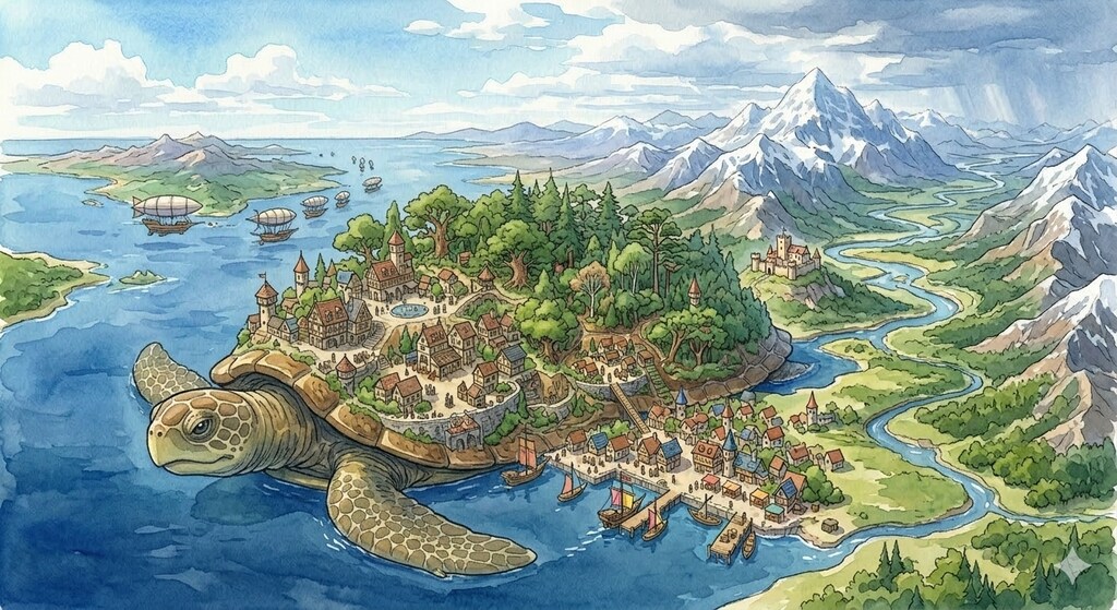 巨大な亀の上に住む人達