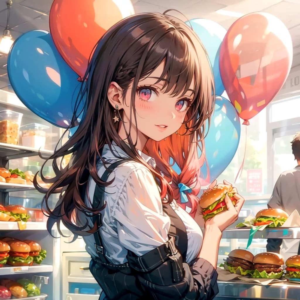 いっぱい風船を持つロングウェーブヘアのハンバーガーショップの美女店員さん | の人気AIイラスト・グラビア