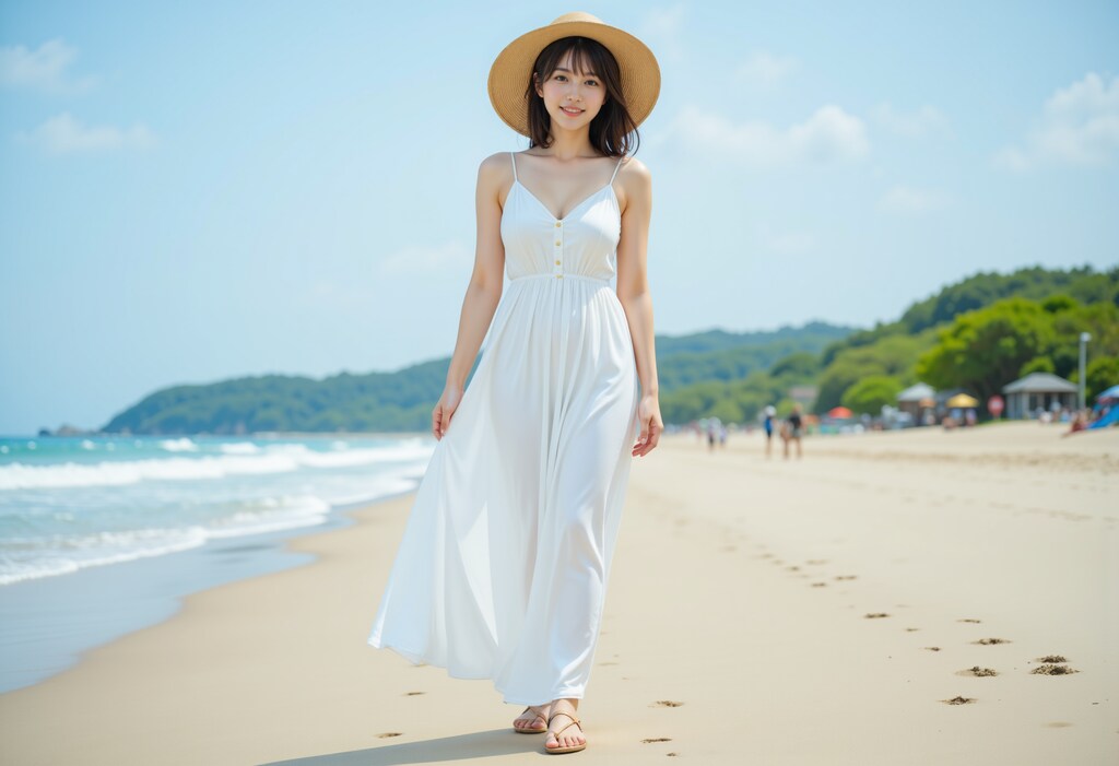 ビーチを歩く白いドレスの女性