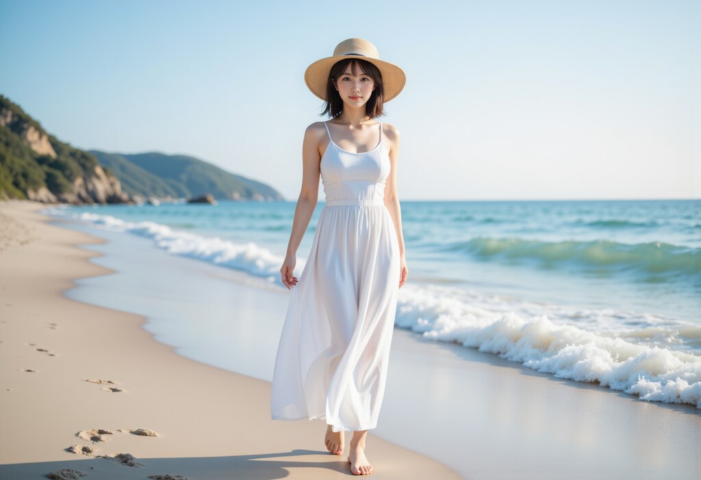 ビーチを歩く白いドレスの女性