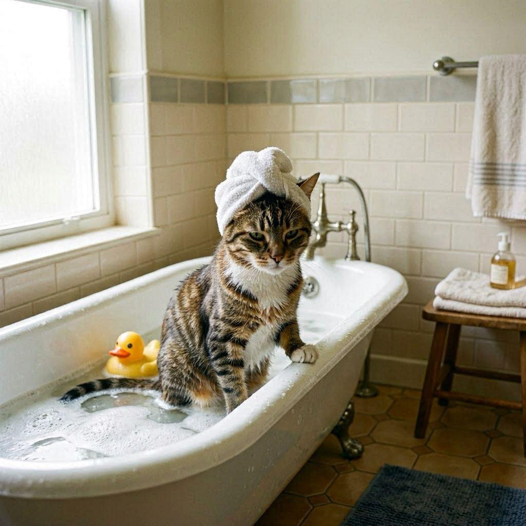 風呂に入る猫