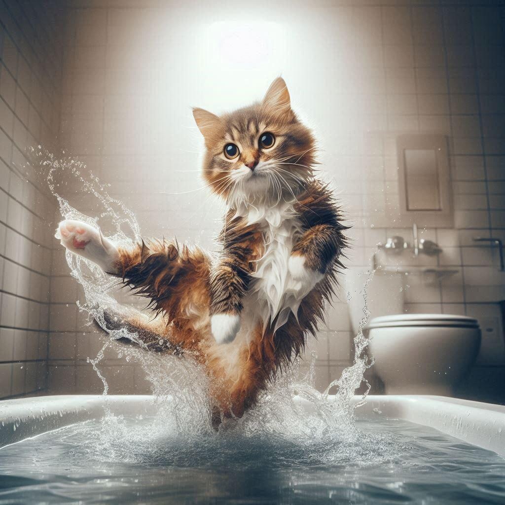 風呂に入る猫