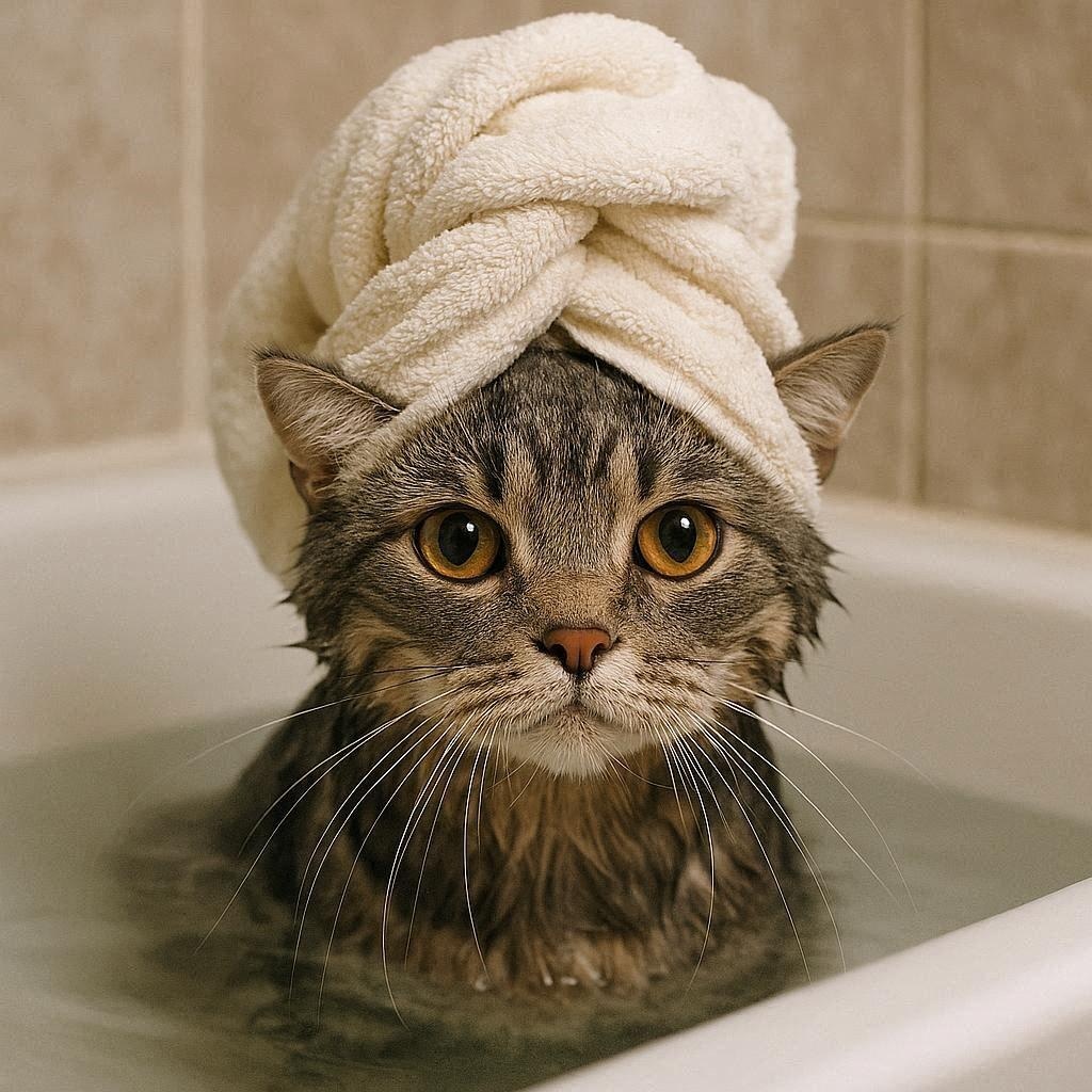 風呂に入る猫