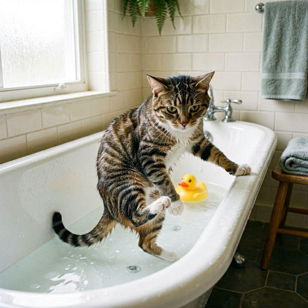 風呂に入る猫