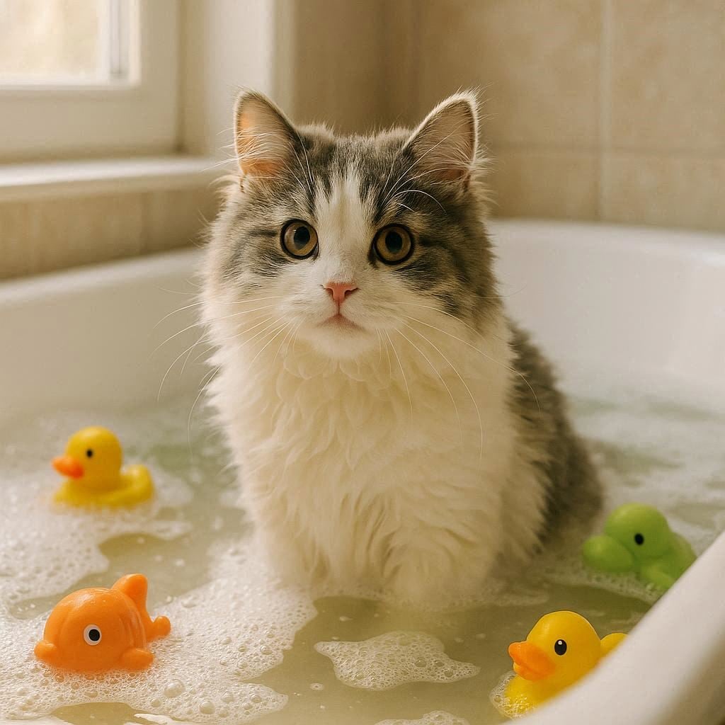 風呂に入る猫