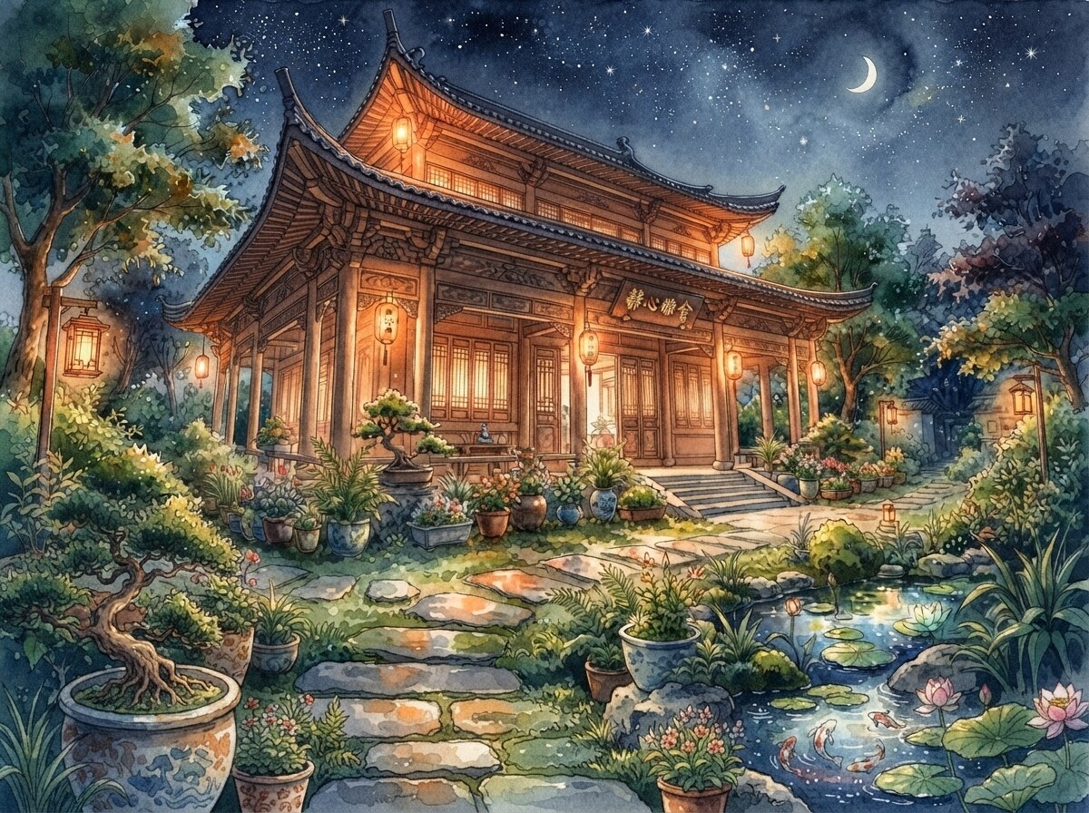 星空と中華風家屋。