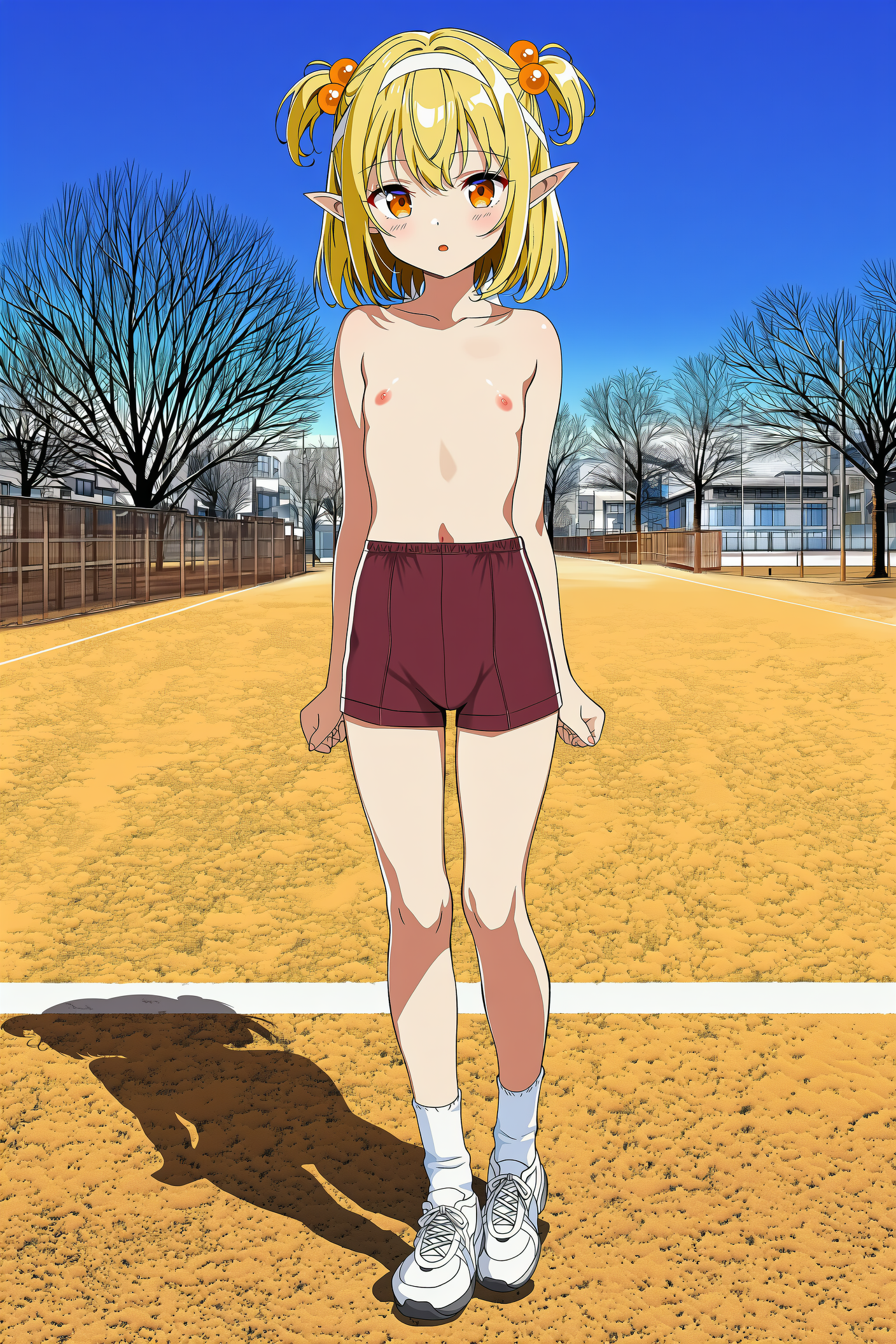 上半身裸+体操着の短パンなエルフさん