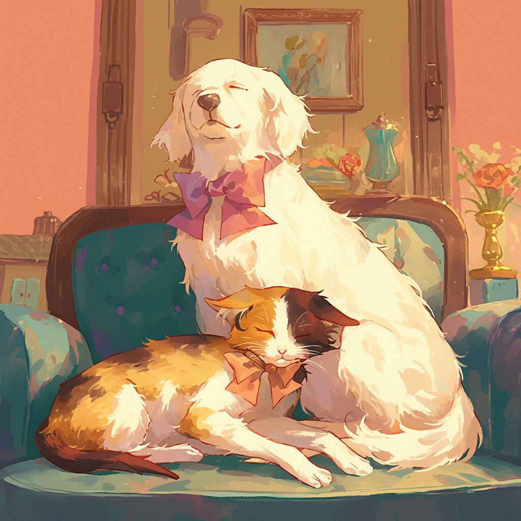 リボンをつけた犬とリボンをつけた猫
