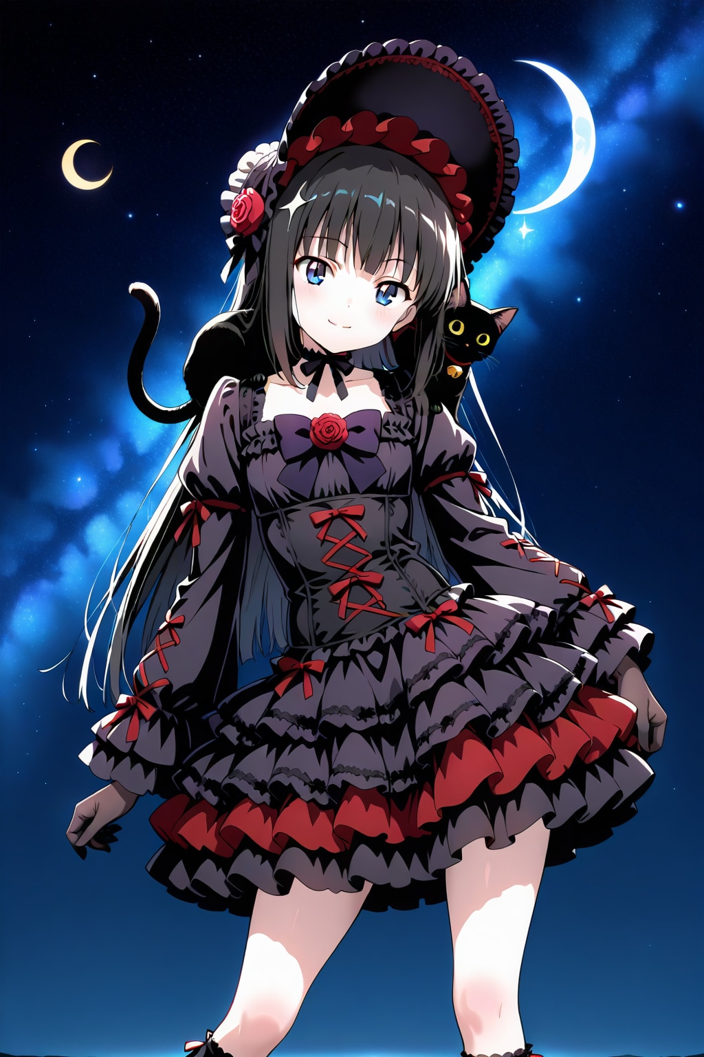 夜のでっかい黒猫と黒ゴス魔法少女