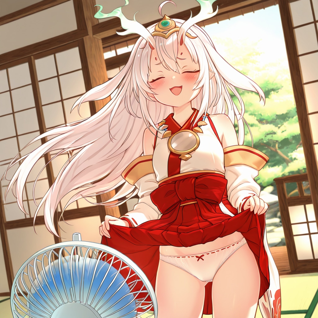 倶利伽羅天童が扇風機の前でスカートをたくし上げてパンチラ