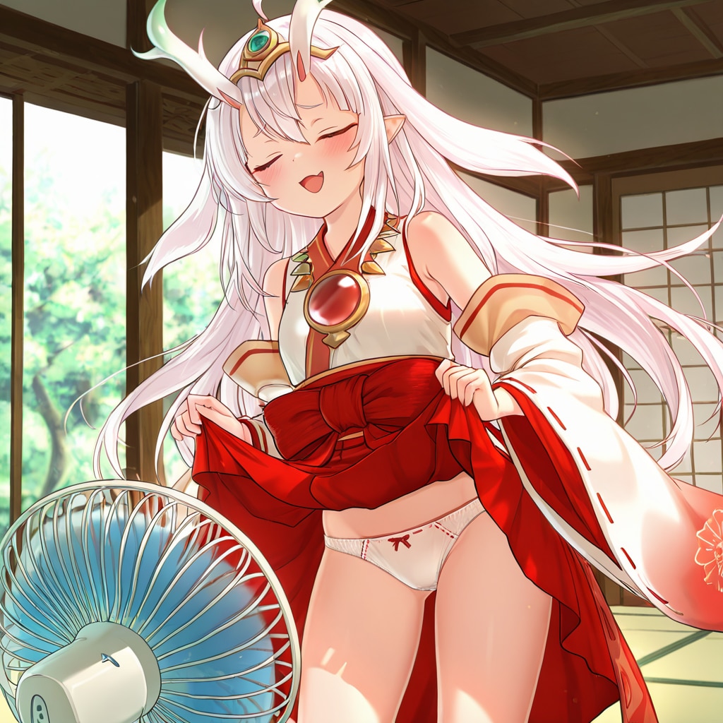 倶利伽羅天童が扇風機の前でスカートをたくし上げてパンチラ