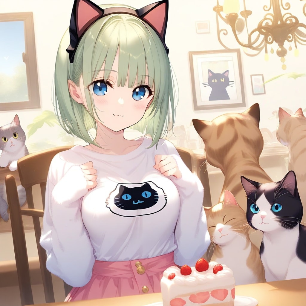 緑髪ちゃんと猫ちゃん | の人気AIイラスト・グラビア