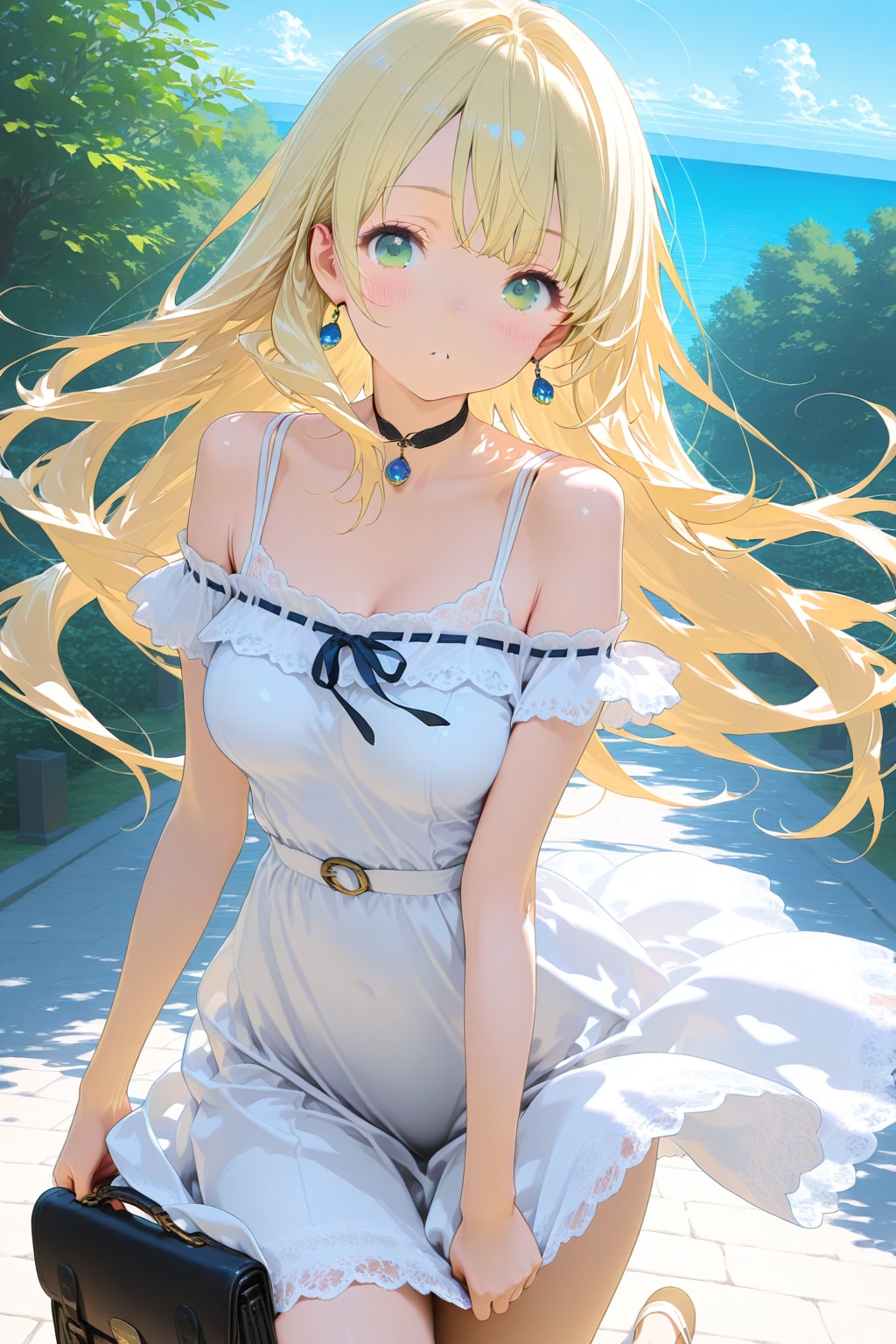 風でスカートの裾が