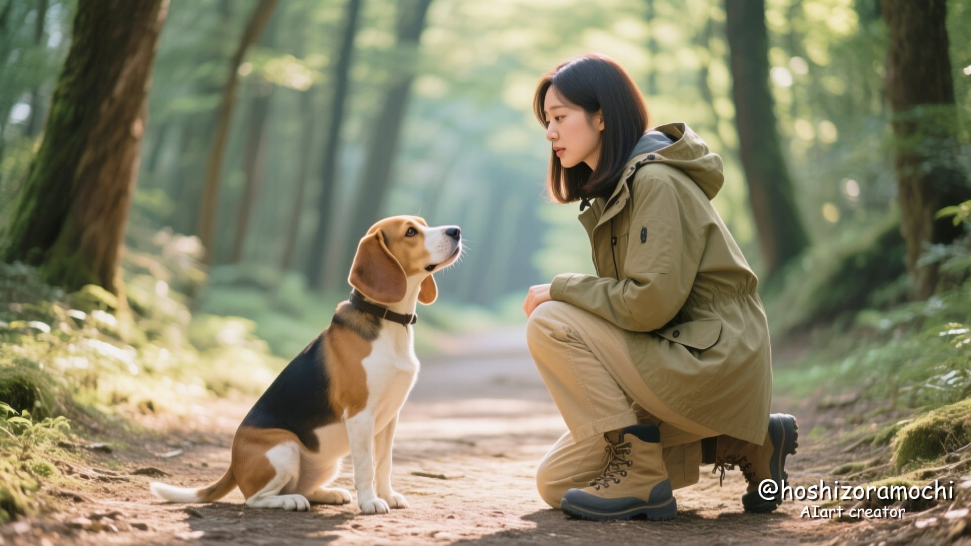 秘密の会話：ビーグル犬と森の散策 | の人気AIイラスト・グラビア