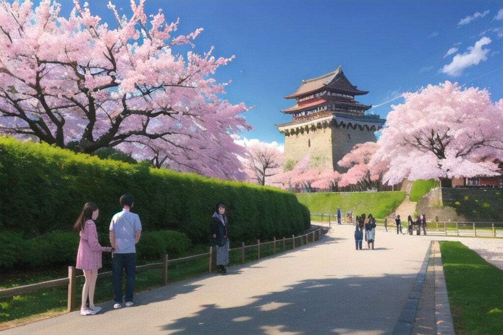 城跡の公園で花見を楽しむ人たち