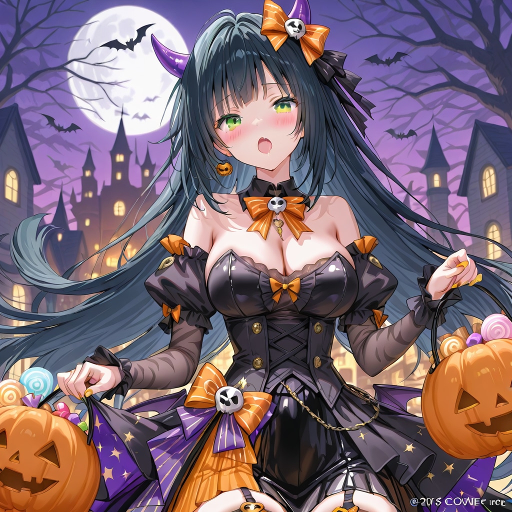 ハロウィンパーティーでいっぱい風船を持つハロウィン衣装の美女。