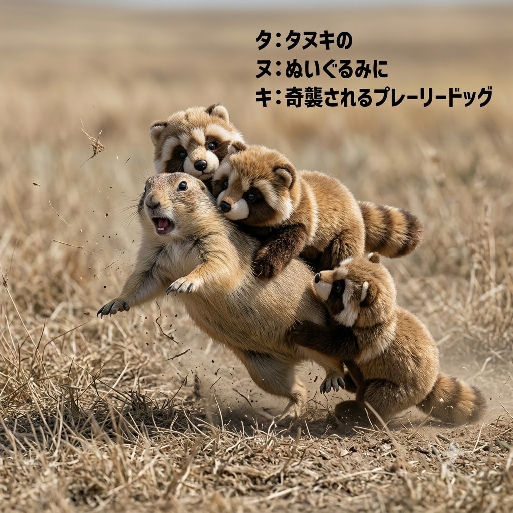 タヌキのぬいぐるみに奇襲されるプレーリードッグ