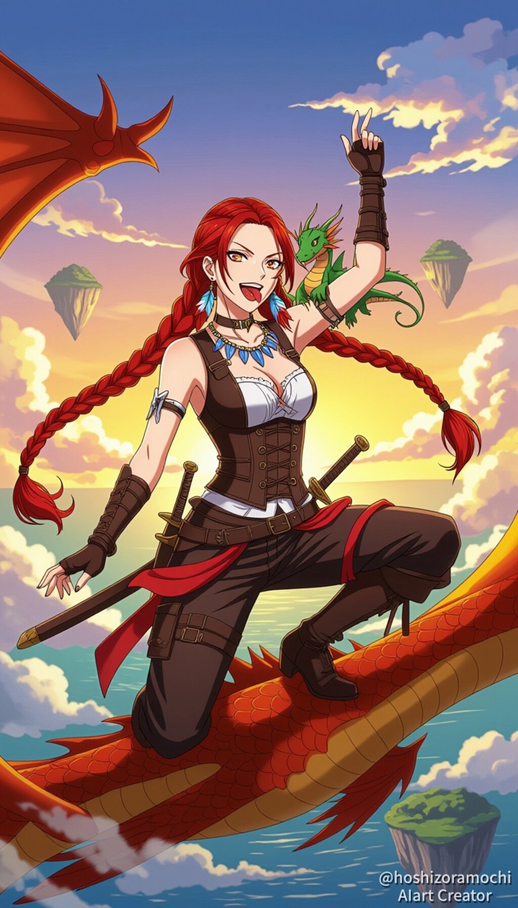 ドラゴンの背で叫ぶ空賊船長！ - The sky pirate captain shouts on the back of a dragon!