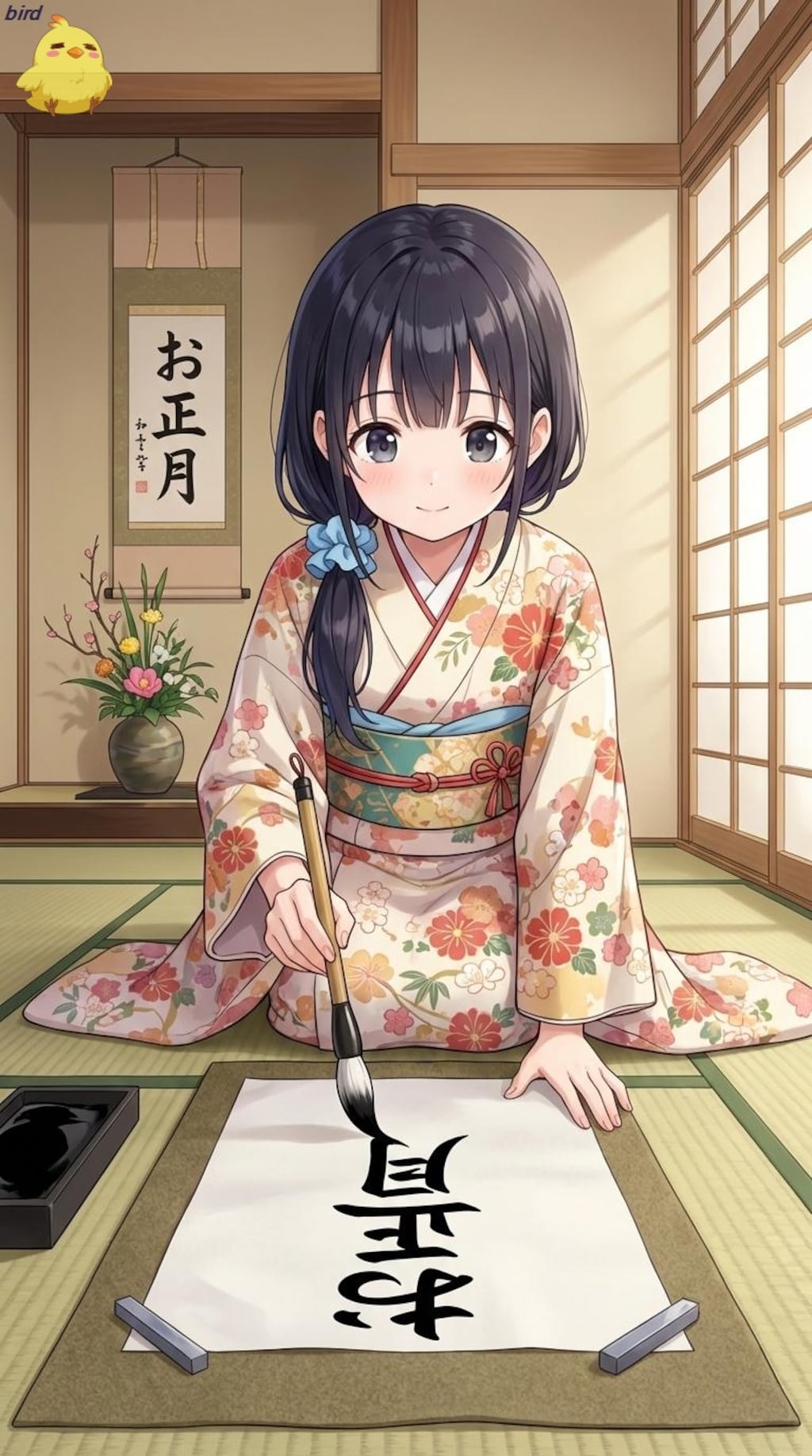 書き初めするあずさちゃん