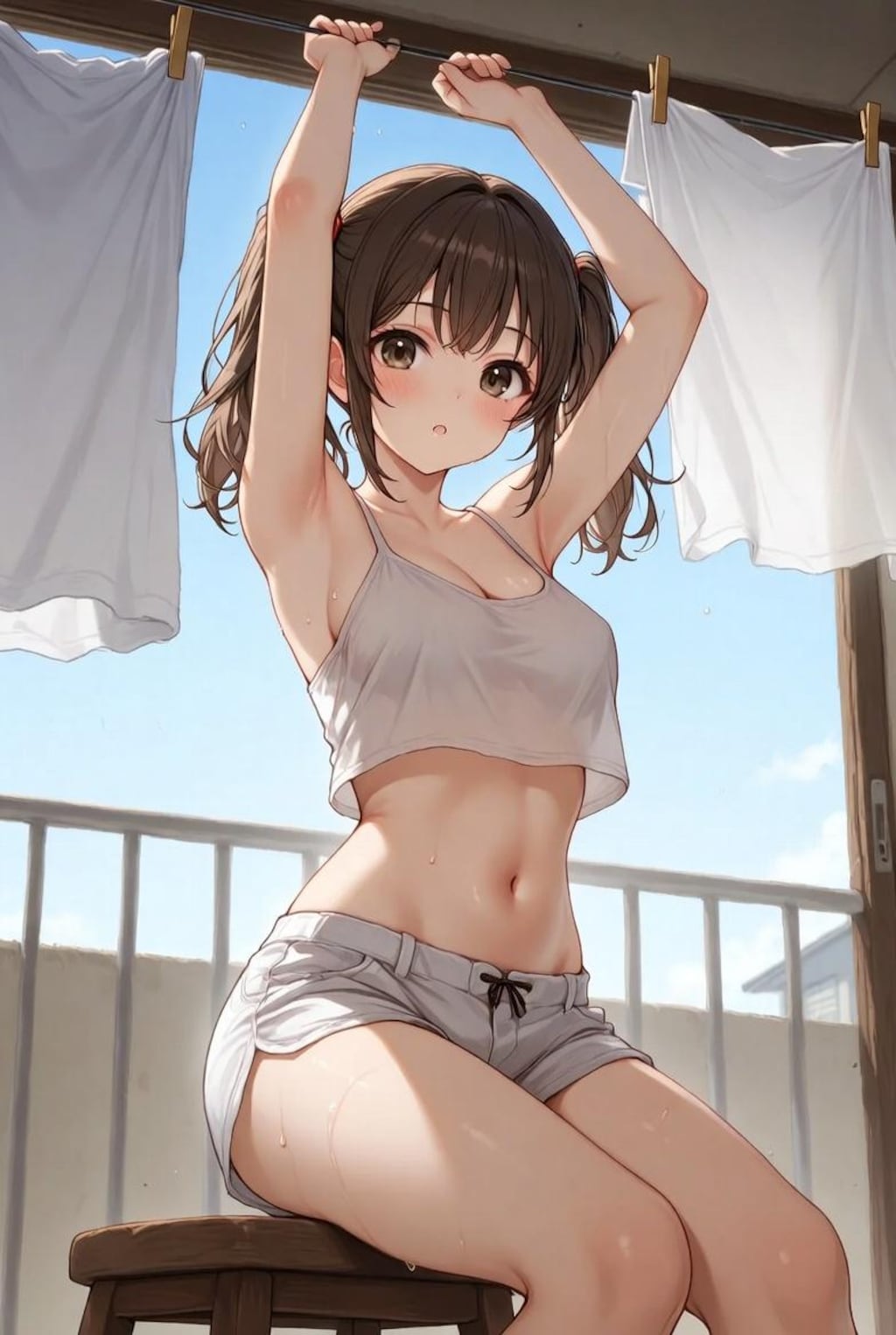 ベランダに洗濯物を干す可愛い女の子たち