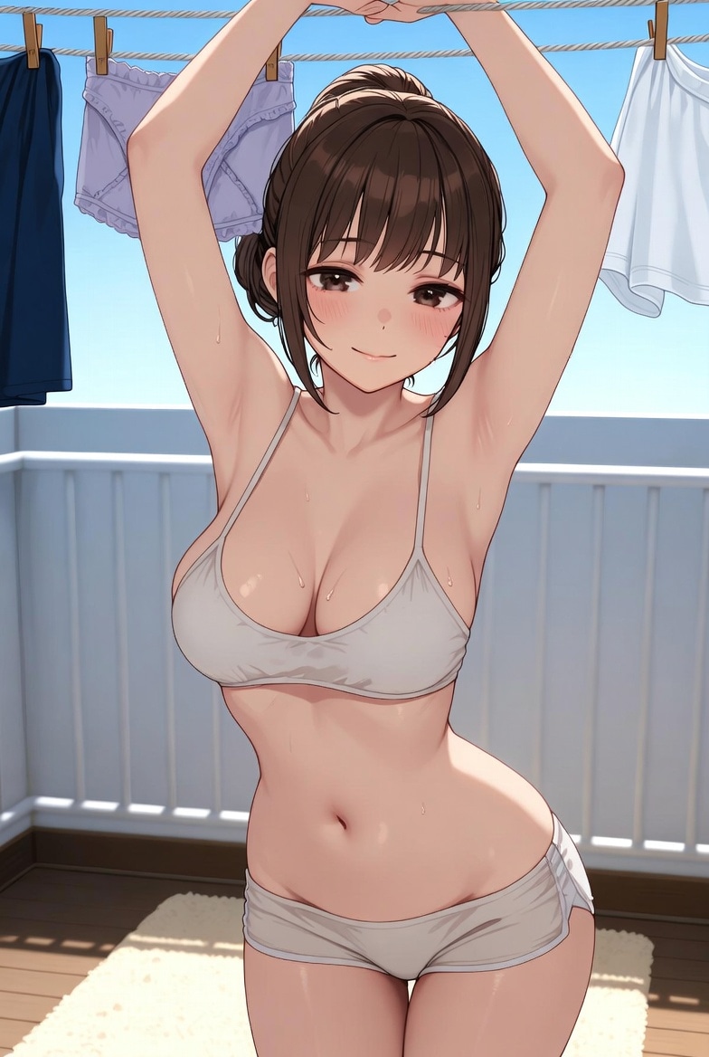 ベランダに洗濯物を干す可愛い女の子たち