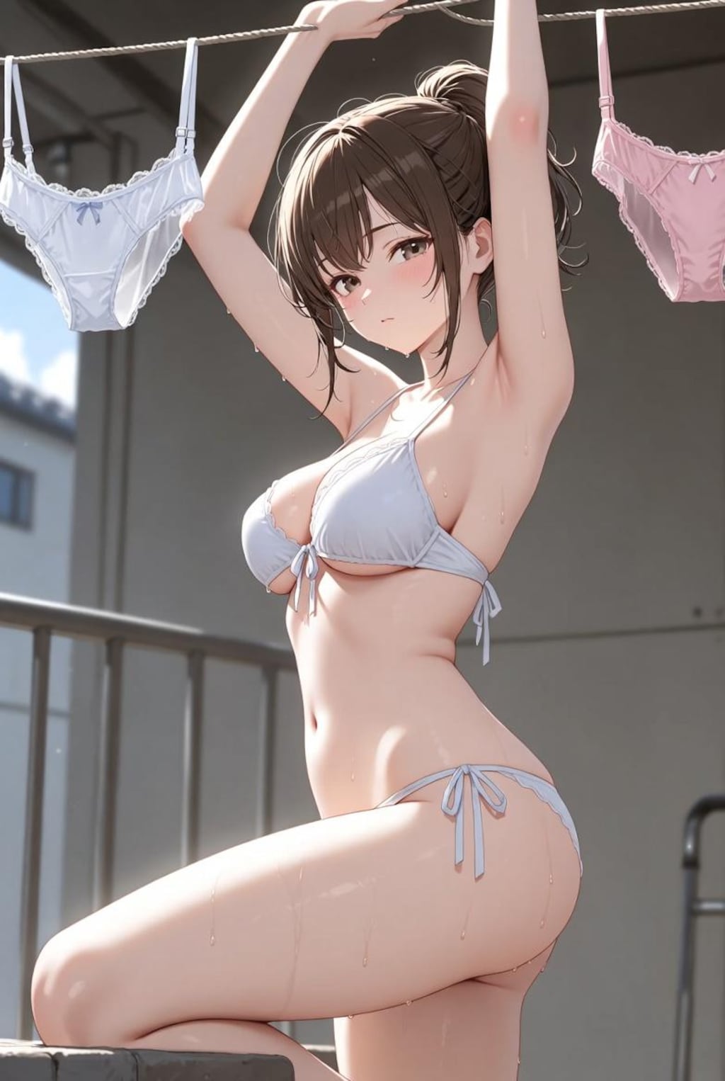 ベランダに洗濯物を干す可愛い女の子たち
