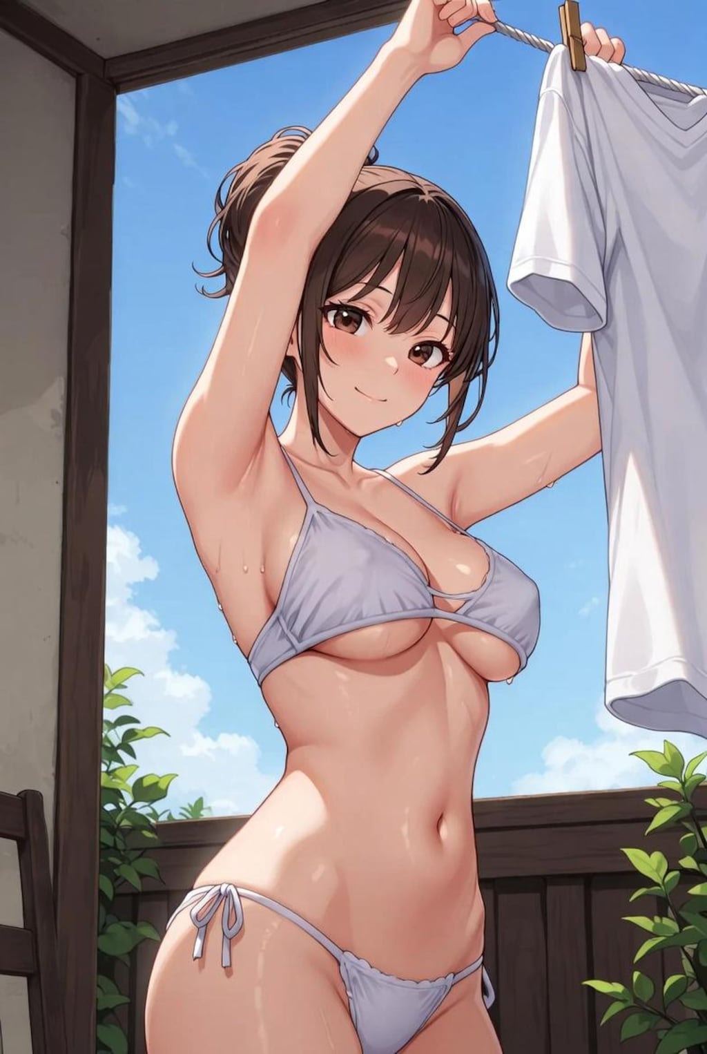 ベランダに洗濯物を干す可愛い女の子たち