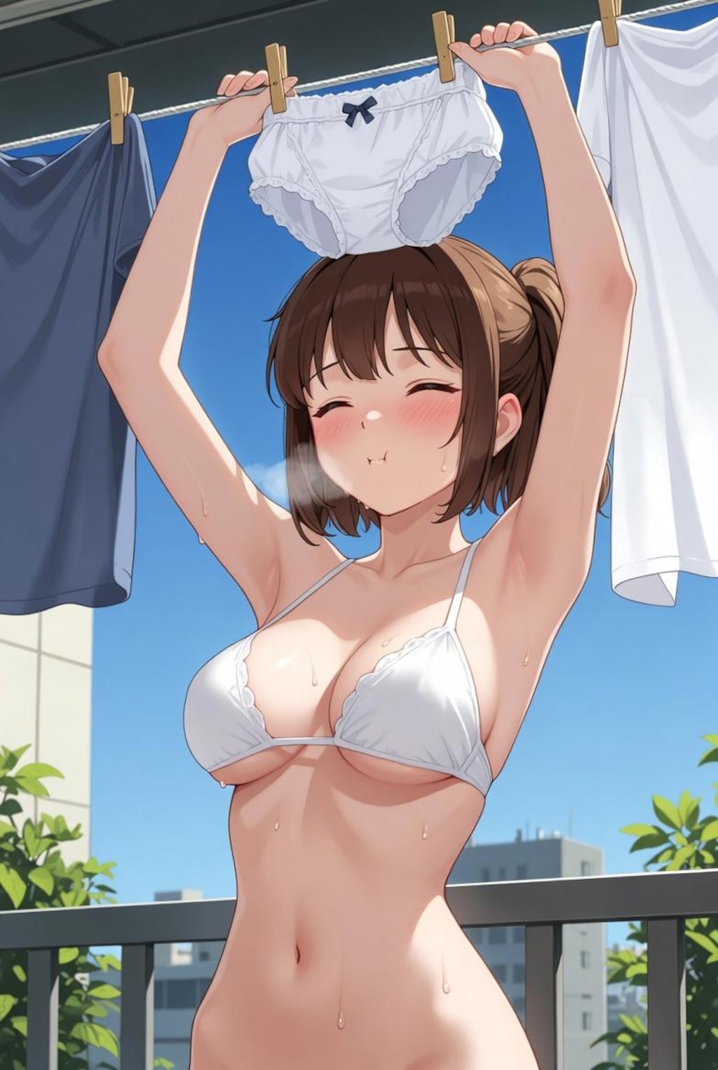 ベランダに洗濯物を干す可愛い女の子たち
