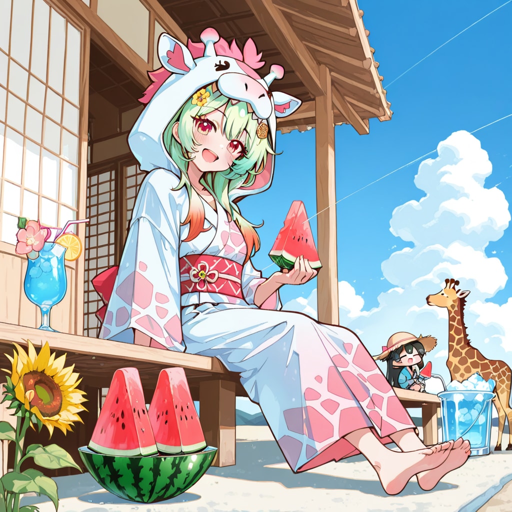 スイカを食べるキリン着ぐるみお姉さんとちび子ちゃん