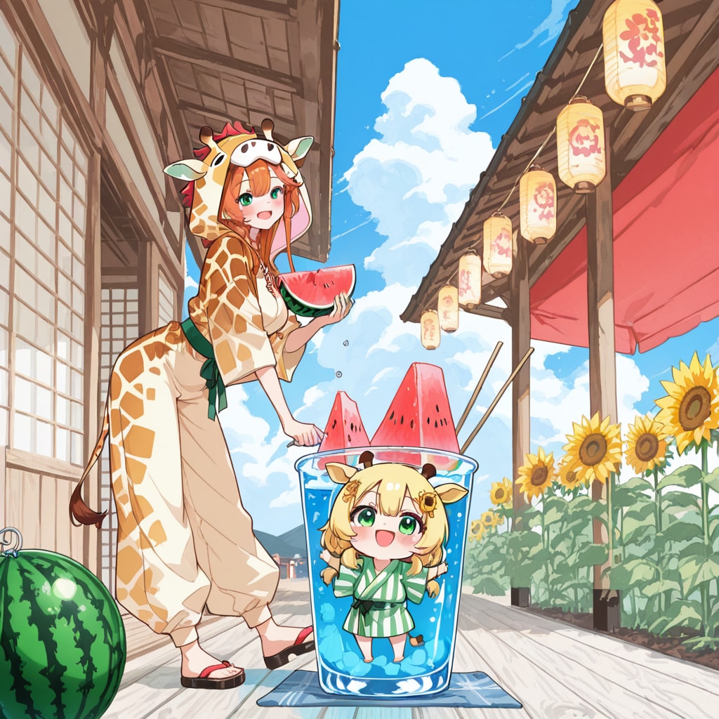 スイカを食べるキリン着ぐるみお姉さんとちび子ちゃん