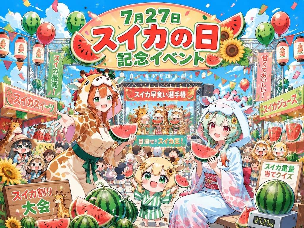 スイカを食べるキリン着ぐるみお姉さんとちび子ちゃん