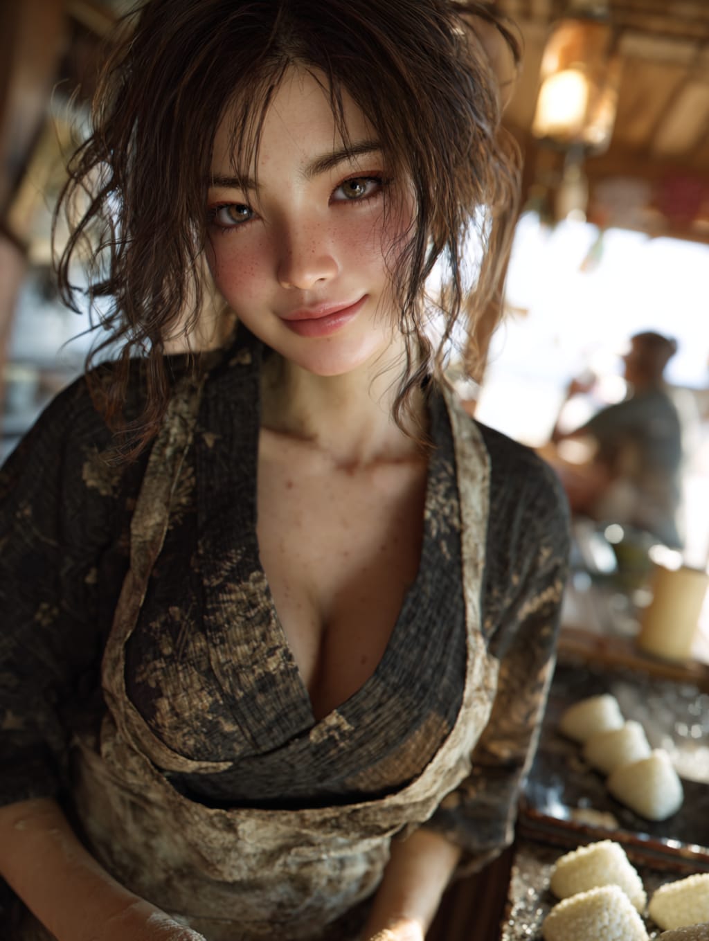 峠の茶屋でおにぎりを振る舞うメイド23号