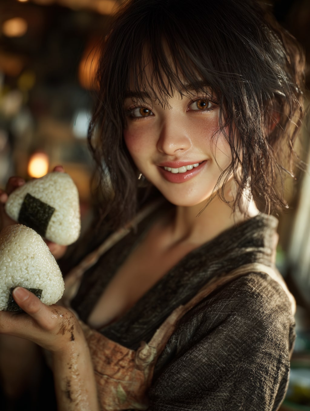 峠の茶屋でおにぎりを振る舞うメイド23号