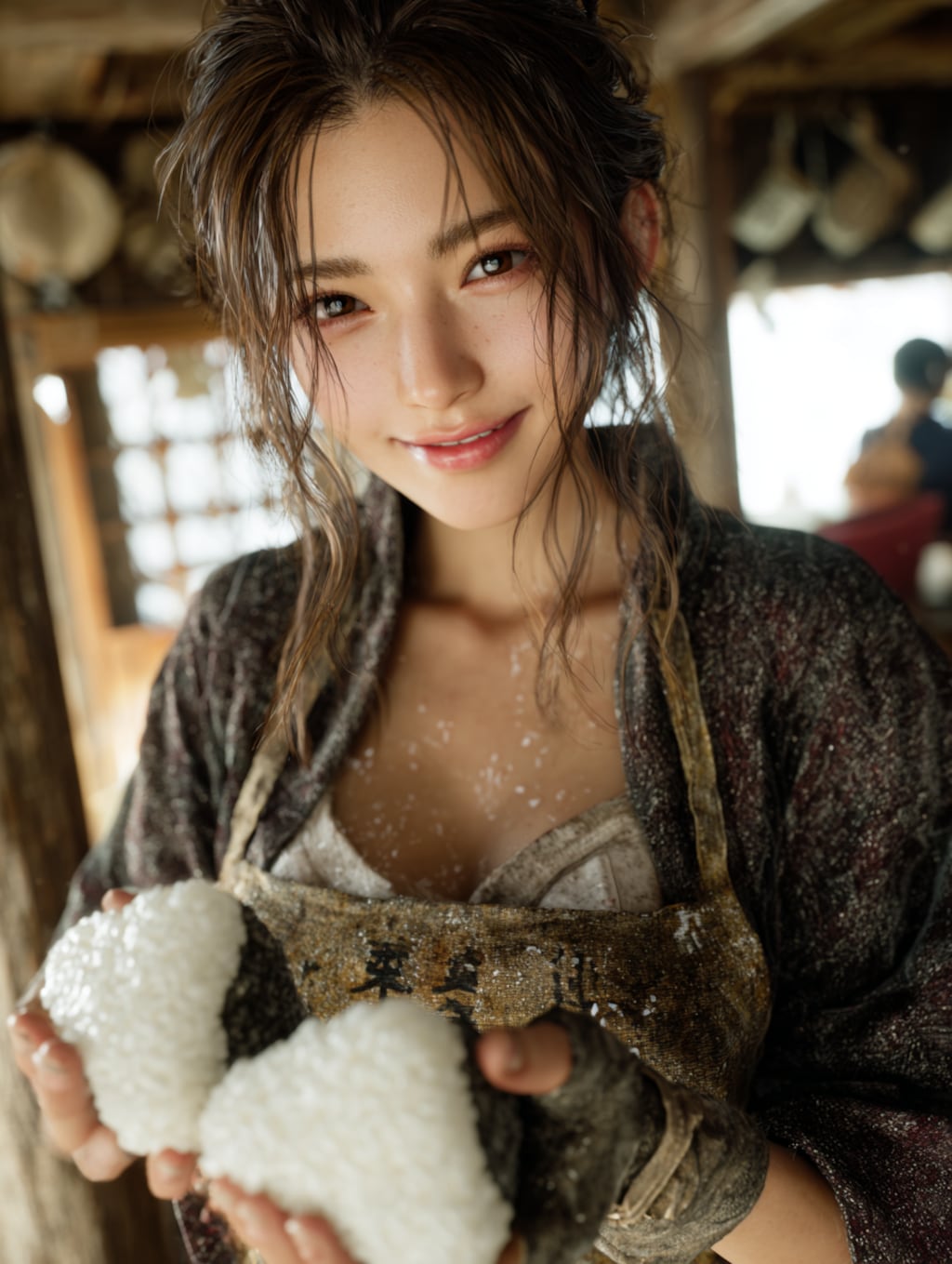 峠の茶屋でおにぎりを振る舞うメイド23号