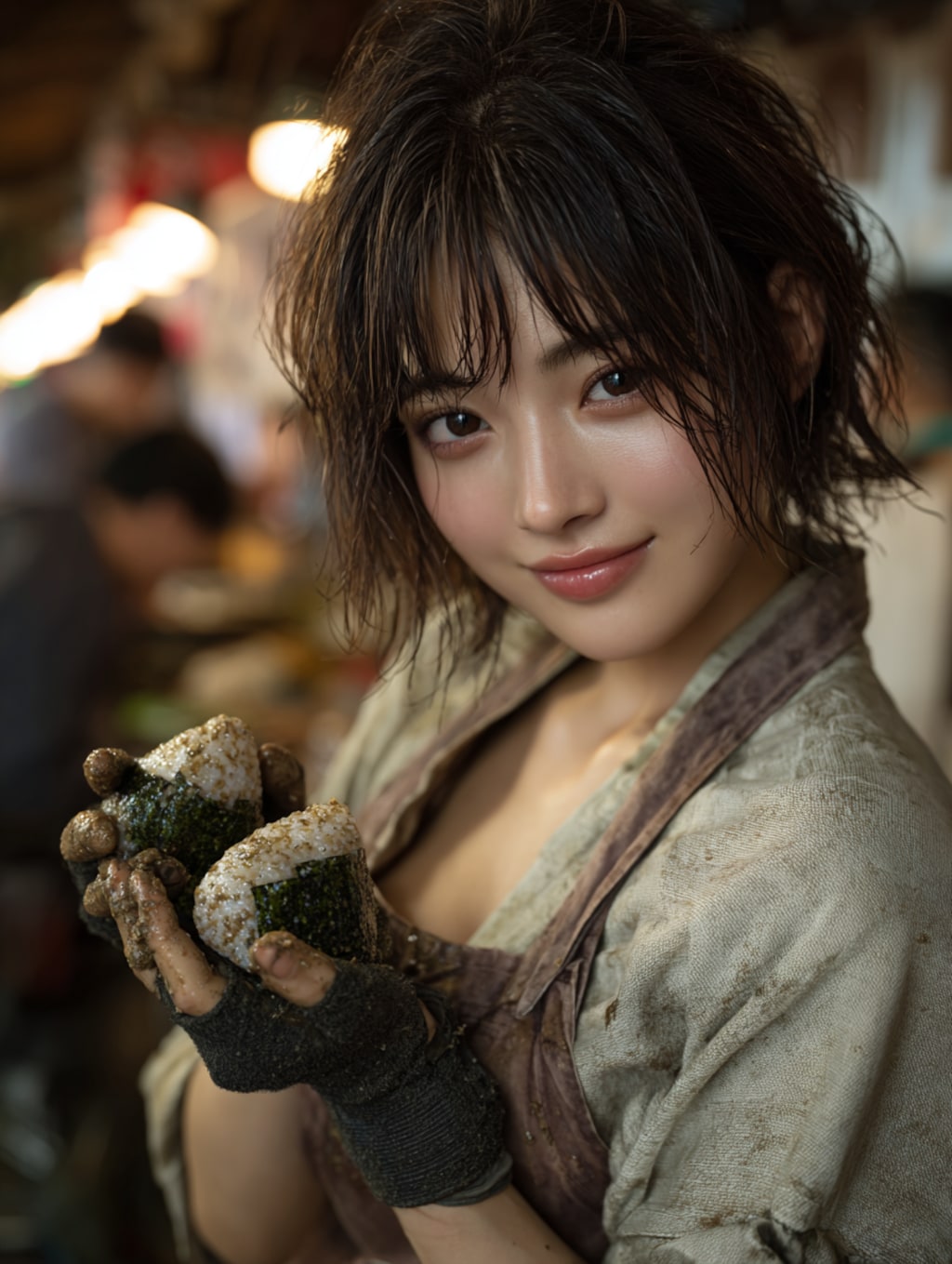 峠の茶屋でおにぎりを振る舞うメイド23号